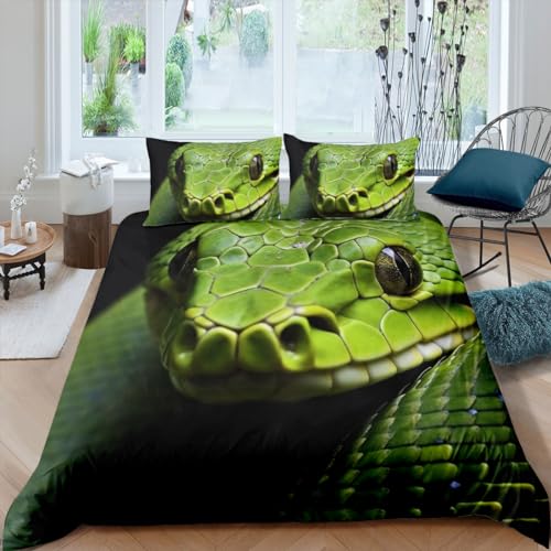 CCoutueChen Snake Duvet Cover Twin Size 3D Green Snake Duvet Cover Sets Reptile Wild Animal Bedding Duvet Covers for Girls Boys Kids Adult (No Comforter)