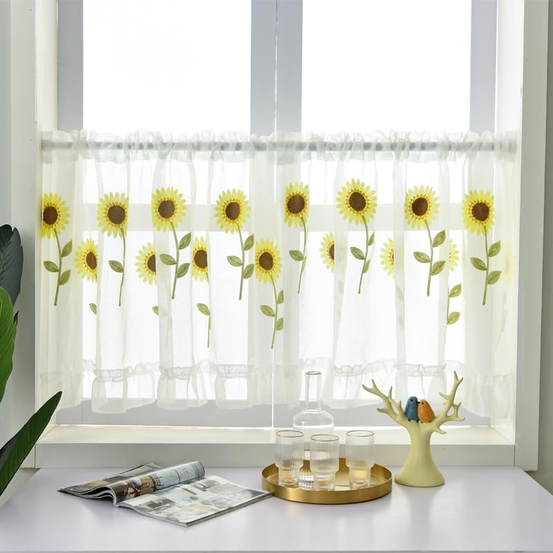 lM-SHOP Kitchen Window Curtains, Pastoral Flower Embroidery Kitchen Curtains, Half Curtain Short Panel Drapes, Net Curtain, Shade Kitchen Curtains, Purple, 100CM 50CM, Wear Rod (A,Curtain W90xH45cm)