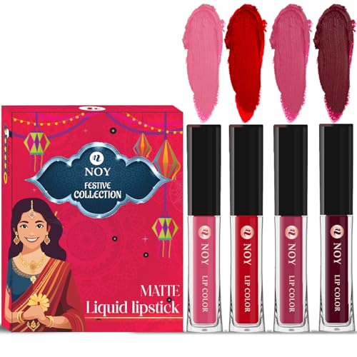 Image of Noy Festival Liquid Matte Lipstick Pack of 4 Gorgeous Colors Peach, Red, Pruple, Maroon Shades