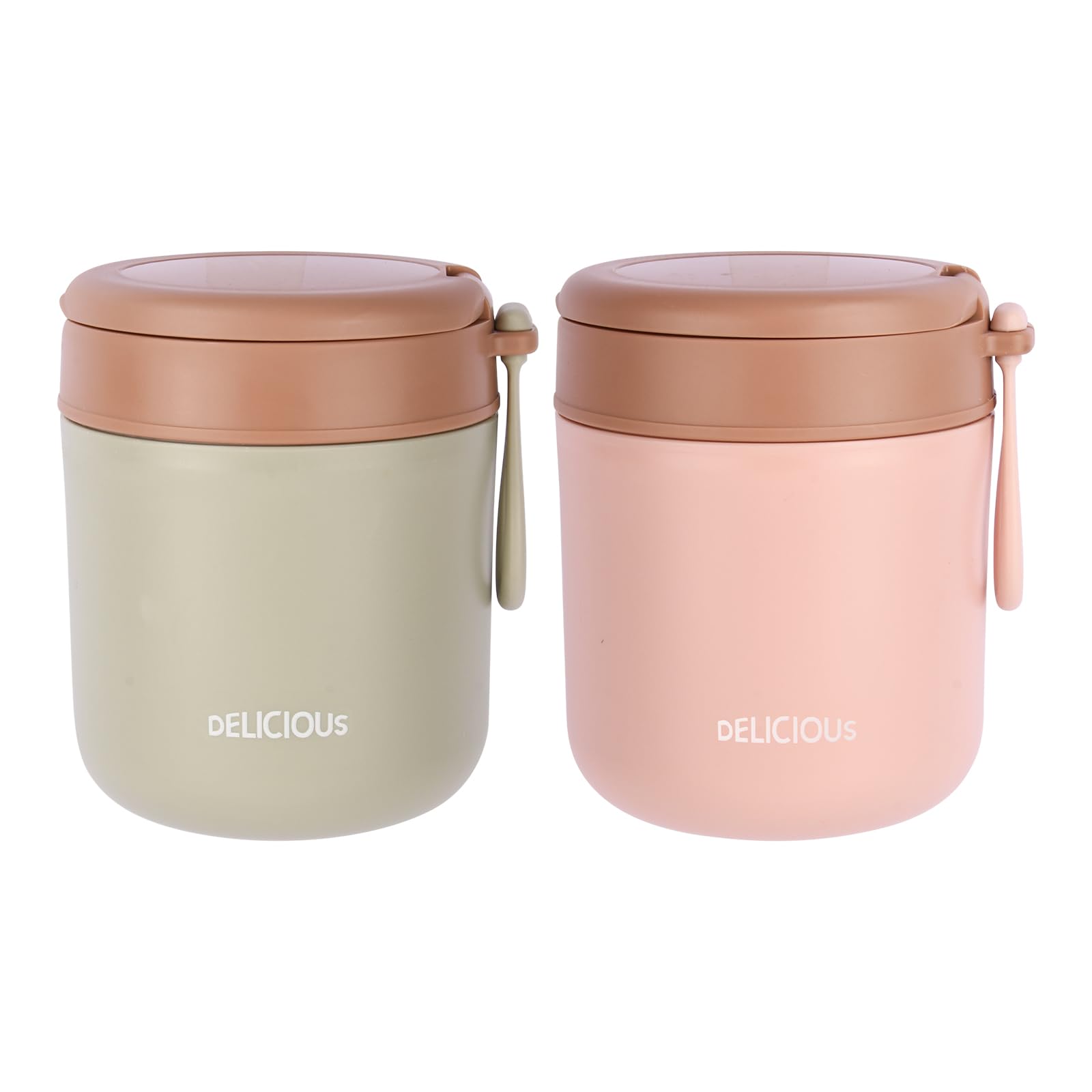 Nivofu 2 X Insulated Food Flask with Foldable Spoon, 430ml Vacuum Insulated Food Container, Thermal Lunch Box for Hot Food Kids Stainless Steel, Leak Proof Soup Containers, Green&Pink