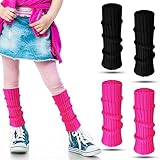 Loopeer 2 Pairs 80s Neon Leg Warmers for Girls Toddler Knit Ribbed Leg Socks for 1980s Party Cosplay Costume Accessory(11.02 x 2.76 In,Black, Rose Red)