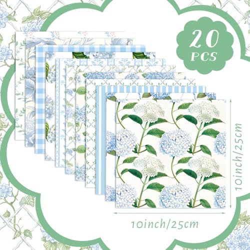 HunnmingRe 20 Pcs 10''x10'' Hydrangea Quilting Fabric Square Bundle Watercolor Dusty Blue Floral Precuts Quiltted Fabric Printed Patchwork Material Supplies for Holiday Patchwork DIY Sewing Crafts - 1