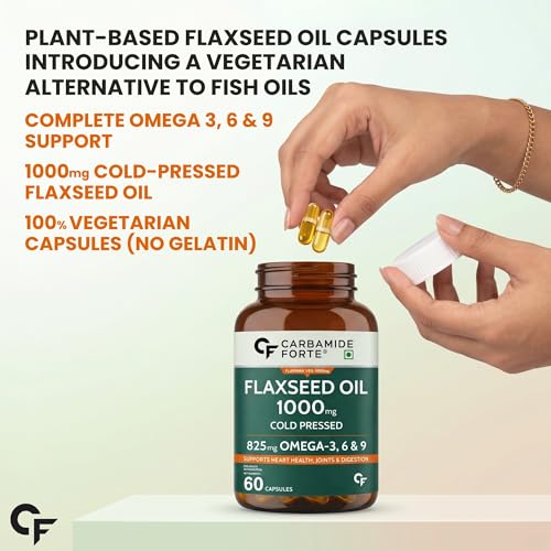Image of Carbamide Forte Flaxseed Oil Capsules - 1000mg Cold Pressed | omega 3 vegetarian capsules | flax seed oil with Omega 3, 6 & 9 | No Fishy Burps | Supports Heart Health, Joints & Digestion - 60 Capsules