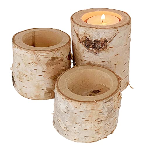 Rustic Wedding Birch Log Tealight Candle Holder Wood Table Decor Wooden Candle Holder Party Decoration (Pack of 3(Assorted Height))