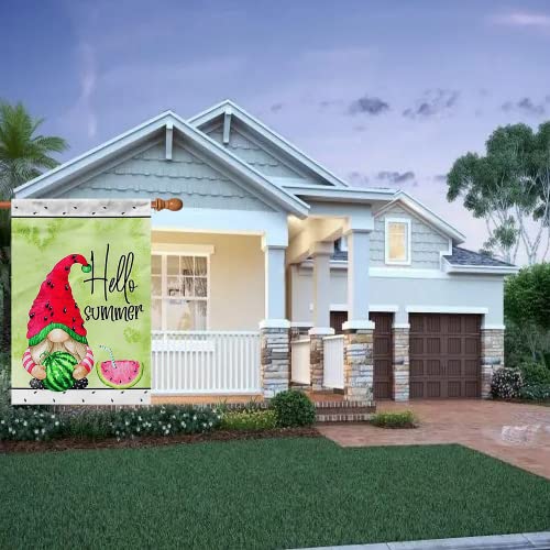 Surfapans Hello Summer House Flag 28X40 Inch Double Sided Outside Gnome Burlap Watermelon Large Yard Outdoor Flags Seasonal Holiday Decoration Porch #TOP1
