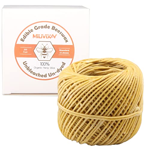MILIVIXAY Hemp Wick with Natural Beeswax Coating Edible Grade Beeswax 200 FT Spool Standard Size (1.0mm) Unbleached Un-Dyed and 100% Organic Perfect Alternative to Butane Lighters and Matches.