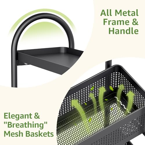KINGRACK 3-Tier Slim Storage Cart with Pull Out Basket, Rolling Bathroom Organizer Utility, Metal Shelving Unit Slide Out, Lockable Wheels, Easy Assembly for Narrow Place, Kitchen, Laundry Room, Black - Thumbnail 6