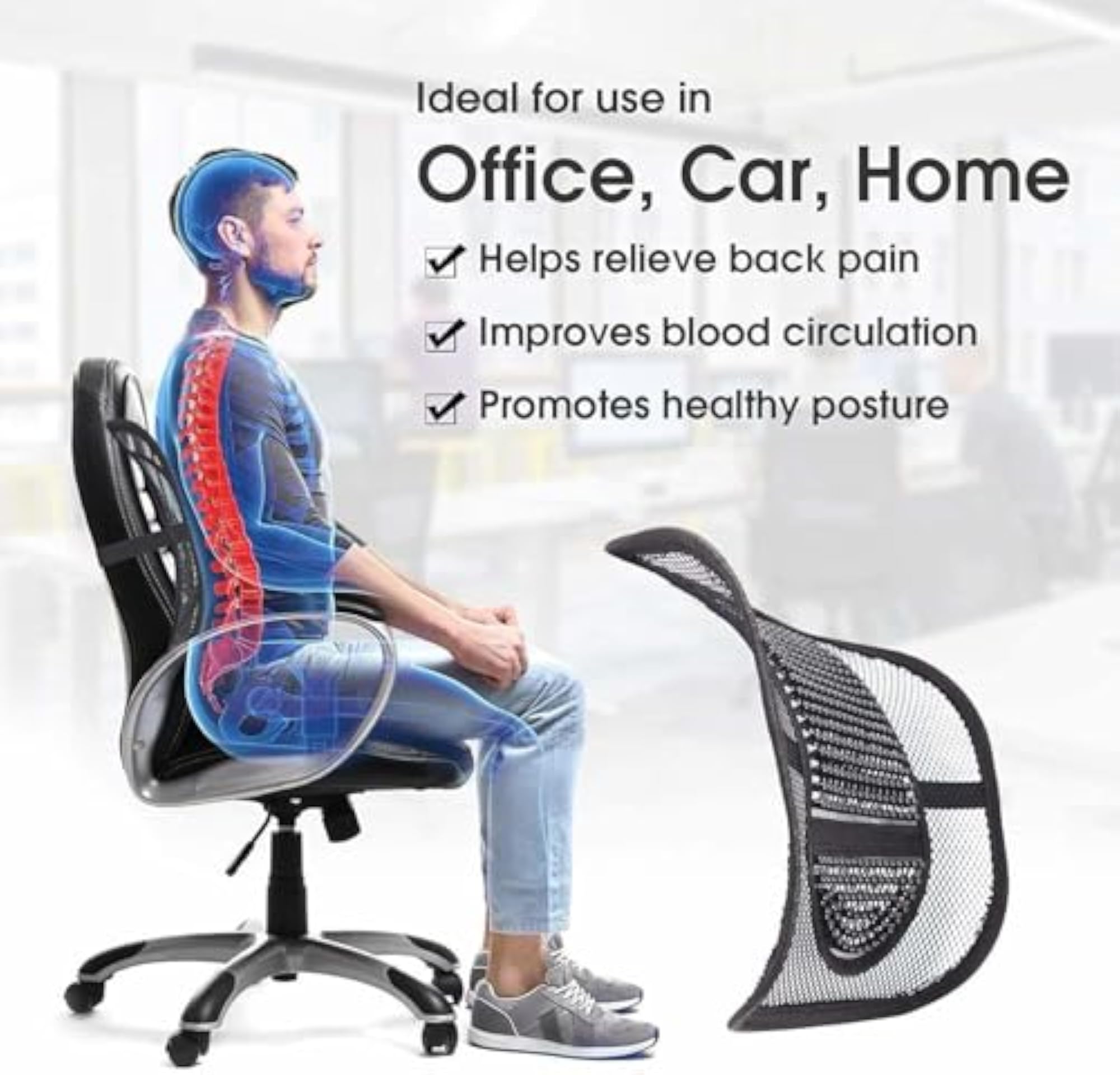 Car Back Rest with Lumbar Support Mesh Cushion Pad