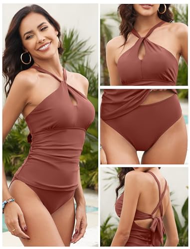 ZAFUL Women's Tankini Swimsuits Cut Out Crisscross Tankini Top with High Waisted Bottom Tummy Control Bathing Suit2