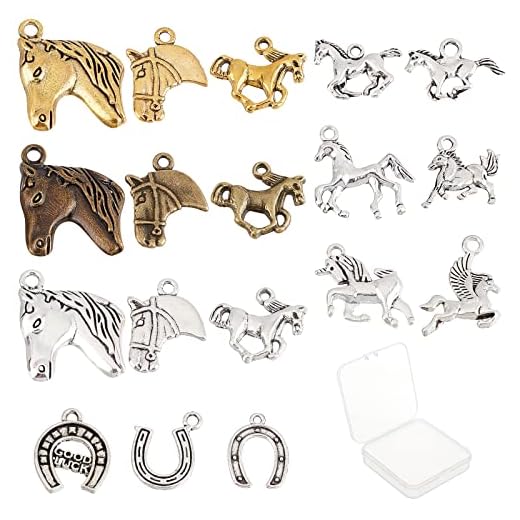 SUNNYCLUE 1 Box 72 Stück 18 Stile Pferdeanhänger Bulk Tibetische Legierung Pferd Hufeisen Charme Vintage Tieranhänger Pferdekopf Charms Für Die Schmuckherstellung Ohrringe Zubehör Schlüsselanhänger DI
