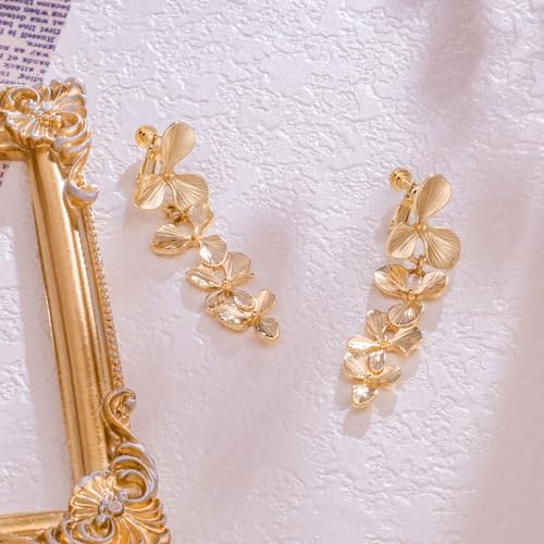 LAXPICOL Gold Clip On Earrings Flower Dangle Drop Earrings For Women No Piercing Flower Earrings3