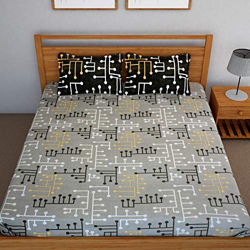 Image of Story@Home 120 TC Candy Geometric Cotton Bedsheet for Double Bed with 2 Pillow Cover - Gunmetal Grey