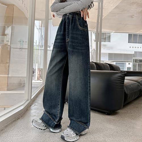 Teen Girls Baggy Straight Jeans Elastic High Waist Wide Leg Tassel Trim Denim Pants Kids Girls Stylish Stretchy Trousers3