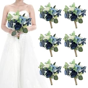 Set of 6 Bridesmaid Bouquets for Wedding 7 Inch Artificial Flowers Bouquets for Ceremony Anniversary Centerpieces Decorations Navy Blue and White