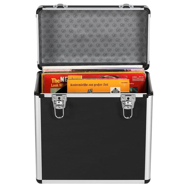 Abician Mallette de Rangement pour Disques Vinyles de 33 Tours pour Collection de DJ Valise Vinyles avec Fermeture à Clé pour 50 Albums 36 x 35 x 20 cm Noir