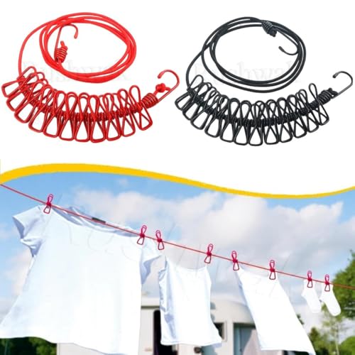 Image of Rushwak Cloth Drying Rope with Hooks (Pack of 2) Elastic Cloth Hanging Rope for Cloth Drying with 12 Clips Cloth Rope for Drying Clothes for Travel Home Outdoor Kapde Sukhane ki Rassi Wire -Multicolor