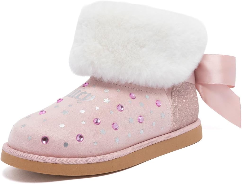 Juicy Couture Girls Youth Winter Snow Boots – Cozy Fashion Ankle Boot with Faux Fur Lining, Rhinestone Stars, Memory Foam Comfort and Bow Detail