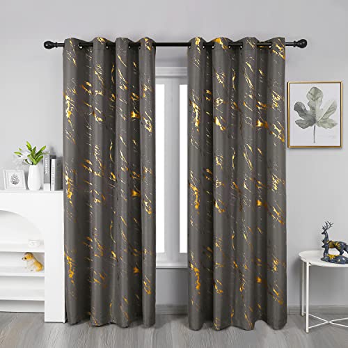 Taisier Home Gold Foil Print Linen Textured Curtains Geometric Marble Pattern Design Curtains for Living Room Light Filtering Window Treatment 2 Panels 72" L,Dark Grey and Gold Curtain Print