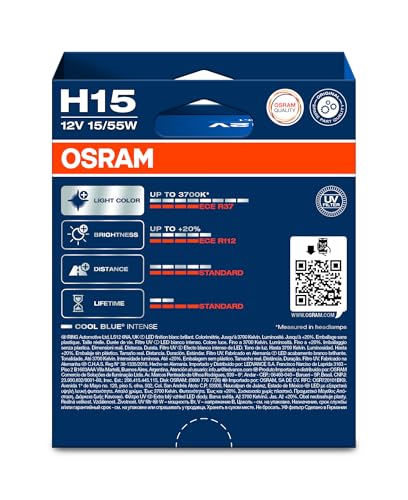 Image of Osram Cool Blue Intense H15, 20% more brightness, up to 3700K, halogen headlight lamp, LED-look, duo box (2 lamps), 64176CBN-HCB [energy class A]