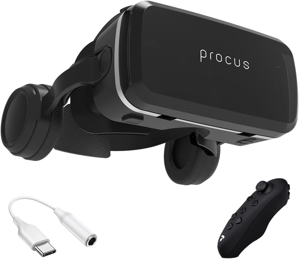 PROCUS One X VR Headset 42MM Lenses -for iOS and Android – 3.5mm Jack Inbuilt Headphones with Additional USB-C Adapter for Type C Audio Jack & Procus Stingray VR Controller