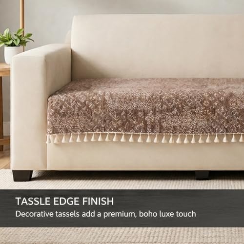 Image of STITCHNEST 'Artisoul Series' Chenille Sofa Cover 2 Seater with 2 Hand Rest Covers | Premium Heavy Fabric, Washable & Fade Resistant | Beige Star Sofa Protector with Tassels | Size 48x30 Inch