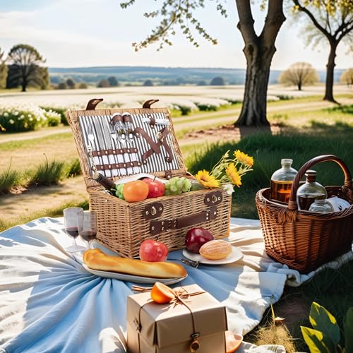 Wicker Picnic Basket Set for 2 Persons Large Willow Hamper with Insulated Cooler Compartment and Cutlery Service Kit, Classic Stripe Grey - Thumbnail 4