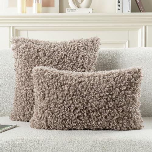 FUTEI Khaki Decorative Throw Pillow Covers 20x20 Inch Set of 2,Soft Fluffy Faux Wool Fur Boucle Textured Cushion Case,Modern Home Decor for Couch Bed Living Room Office
