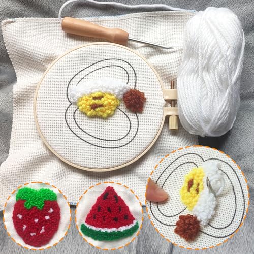 Image of Soleeya Punch Needle Kits Adults Beginner 8 Pcs Punch Needle Coaster Kit Fruit Patterns Stitching Punch Embroidery Including Yarn Hoop Needle and Video Tutorials, Rug Tufting Coaster DIY Craft Gifts