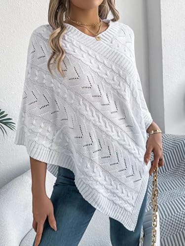 Womens Knitted Sweater Cape Shawls Casual V-Neck Wrap Pullover Tops 3/4 Sleeve Asymmetric Hem Poncho Sweater3