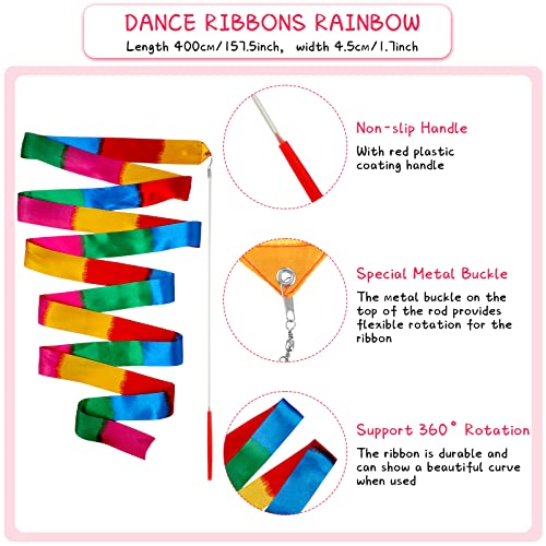 HyDren 5 Pcs Stainless Steel Twirling Baton with Dance Ribbons Rainbow Streamers Ribbon Dancer Wand Center Balanced Batons for Twirling for Dancing Band Gymnastic(21 Inch)