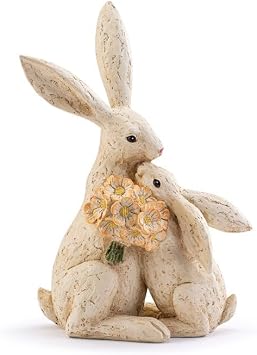 Napco Mother and Kit Bunny Figurine 8 x 12.75 Inch Resin Rabbit Statue with Yellow Flower Bouquet, Rustic Woodland Animal Garden Decor for Spring and Easter Display