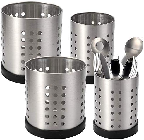 TOPZEA Set of 4 Kitchen Utensil Holder, Stainless Steel Cooking Utensil Organizer Kitchen Tools Flatware Holder Utensil Drying Cylinder Countertop Silverware Caddy
