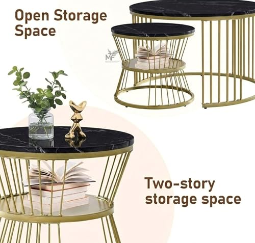 Image of MELVON Lightweight Nesting Coffee Table Set of 2, Golden Frame with Black Marble Look Engineered Wood Top, Round Center & Side Tables for Living Room