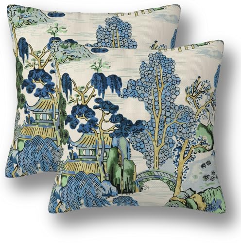 Churent Chinoiserie Lot de 2 housses de coussin décoratives vintage à motif paysage asiatique et rustique pour salon, canapé, lit, sofa, extérieur - 45 x...