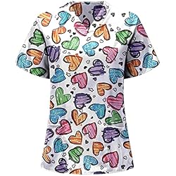 Ropa De Trabajo Artefo POLPqeD Trabajadores de Cuidado Mujer Casual Camiseta Manga Corta Cuello V Casacas Sanitarias de Estampado para Dentistas,Médicos y Veterinarios Camisa Señora Uniforme de Trabajo,Multicolor,XL (P0331)
