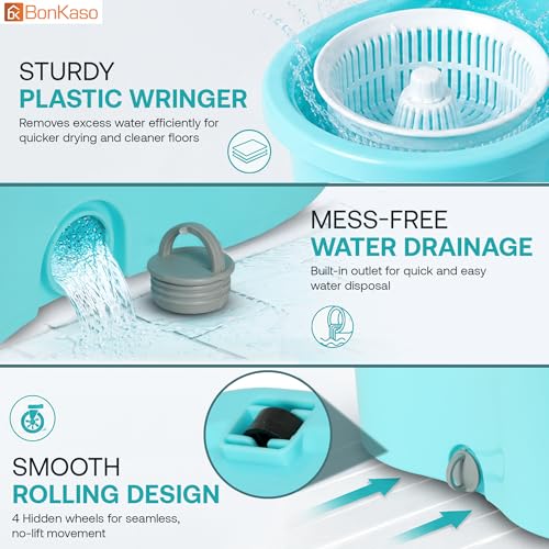 Image of BonKaso Plastic Spin Mop Bucket, Moppers for Cleaning Floor, Mop Set Extendable Handle, Removable Wringer 360 with Floor Cleaner Mopping Stick (Round Mop Set)