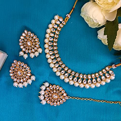 Efulgenz Kundan Necklace Indian Jewelry Kundan Crystal Faux Pearl Necklace Set Bollywood Wedding Choker Necklace Earrings Maang Tikka Bridal Set for Women2