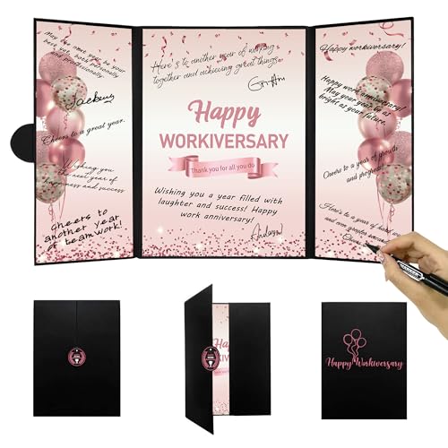 Image of DARUNAXY Rose Gold Happy Workiversary Party Decorations, Happy Work Anniversary Alternative Signature Guest Book for Women Pink Employee Business Gifts Signing Card Board for Office Supplies