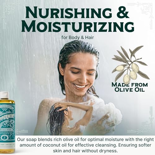 Image of Carolina Castile Soap Peppermint Scent - Certified Organic Base, High Olive Oil Content, Non-Drying, Made with Organic Oils, Concentrated Natural Body Wash for Men and Women