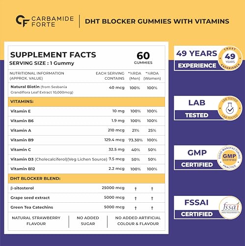 Image of Carbamide Forte Hair Gummies with Biotin & DHT Blockers | Biotin Gummies for Hair Growth | Hair Supplement for Women & Men | Strawberry Flavour with No Added Sugar | 60 Gummies