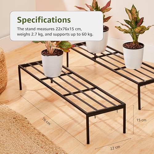 Image of Amazon Brand - Solimo Folding Metal Plant Stand (Pack of 2, Black) - Heavy-Duty, 60 kg /Shelf Load Capacity, 22 x 76 x 15 cm, Indoor & Outdoor Use