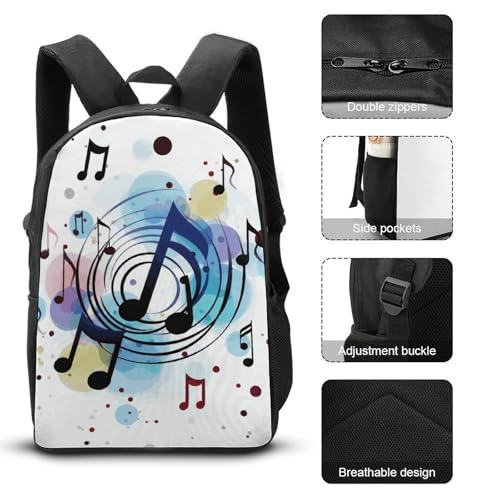 3 Piece Backpack for Women Men Lightweight Causal Daypack Shoulder Bag Set with Insulated Lunch Bag And Pencil Case Organizers Polka Dot Music Note3