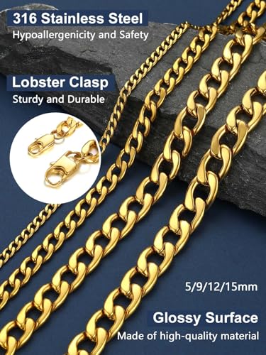 ChainsPro Cuban Link Necklace for Men, Silver/Black/Gold Plated Stainless Steel Mens Chain Necklace 5/9/12/15 MM Width,14"-30" Length Hip Hop Accessories Jewelry Gifts for Father's Day Christmas4