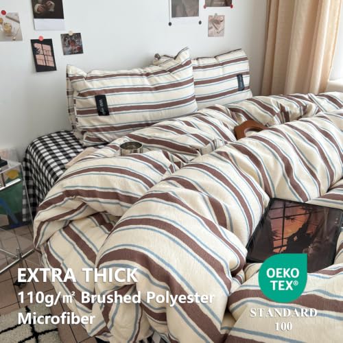 Image of Striped Duvet Cover Set Queen Retro Brown Blue Striped Bedding Set
