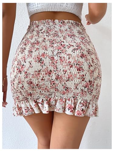 WDIRARA Women's Floral High Waisted Mini Bodycon Skirt Boho Ruffle Trim Smocked Short Skirts2