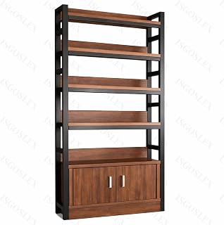 Retail Gondola Display Rack with Storage Cabinet, Commercial Carbon Steel Wood Utility Shelving for Home Office, Storage Room, Balcony, Supermarket and Grocery Store (Dark Walnut)