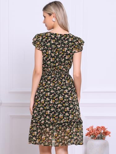 Image of Allegra K Women's Floral Dress Spring Summer V Neck Flutter Sleeve Ruffle Casual Smocked Knee Length Dresses