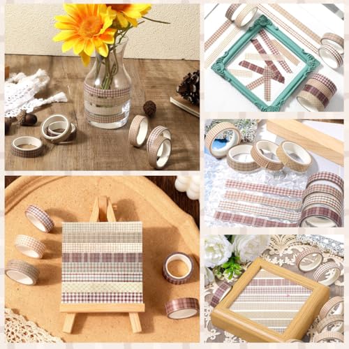 Image of HASTHIP 8 Pcs Plaid Washi Tape Set, Vintage Gingham Decorative Masking Tape for Journaling, Scrapbooks, Planners, Gift Wrapping & DIY Craft Projects, 1cm x 3 Meters Per Roll
