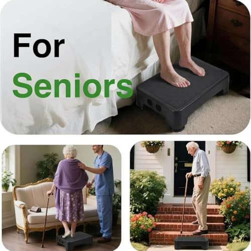 Image of COOL-ANGLE Non-Slip Step Stool for Adults & Seniors - 3.4 inch Low Profile Wide Platform 600lbs Capacity - 6 Stability Feet Bed Step for High Beds, Bath & Car - Portable with Handles, Black