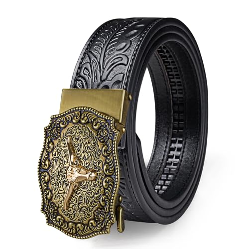 Image of Dubulle Designer Men's Belts, Ratchet Leather Sliding Buckle Dress Belt | 1 3 /8 inch(3.5cm) Genuine Leather Adjustable Strap, Automatic Ratcheting Buckles, Gift‑Boxed, Trim to Fit, for Business Casual